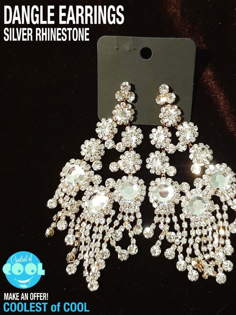 Silver crystal rhinestone dangle pierced earrings 4 inch prom wedding event NEW